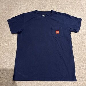 LEGO Uniqlo Black Short Sleeve T-Shirt Kids Size 7-8 Past Logo Print Pocket